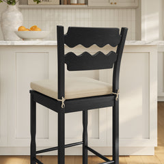Jax Black/Linen Oak Wood Bar Stool With Wavy Razor Back and Cushion - Ornate Home