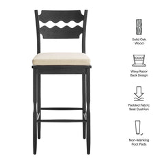 Jax Black/Linen Oak Wood Bar Stool With Wavy Razor Back and Cushion - Ornate Home