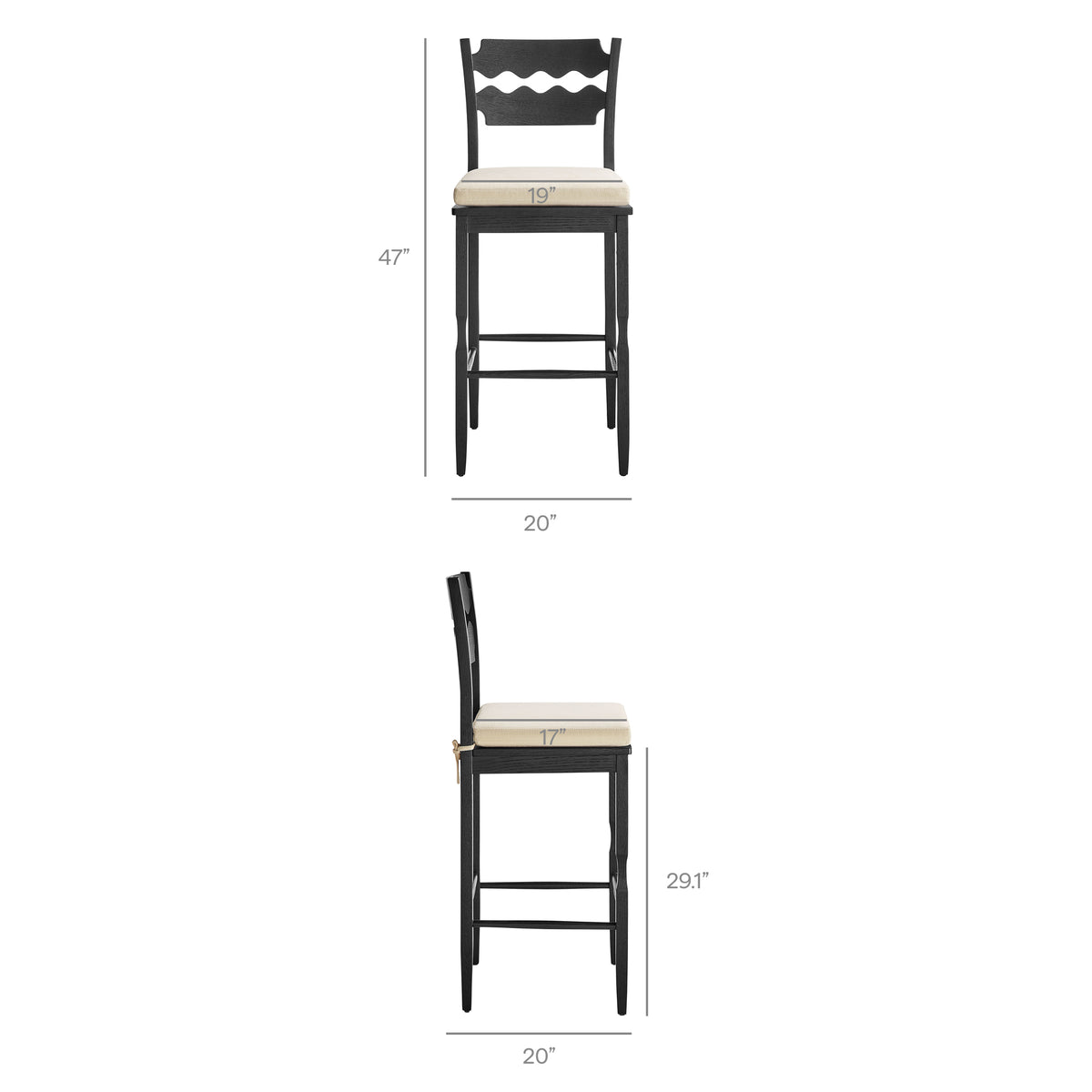 Jax Black/Linen Oak Wood Bar Stool With Wavy Razor Back and Cushion - Ornate Home
