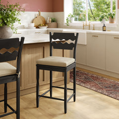 Jax Black/Linen Oak Wood Counter Stool With Wavy Razor Back and Cushion - Ornate Home