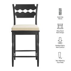 Jax Black/Linen Oak Wood Counter Stool With Wavy Razor Back and Cushion - Ornate Home