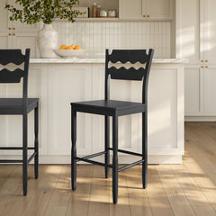 Jax Black Oak Wood Bar Stool With Wavy Razor Back - Ornate Home