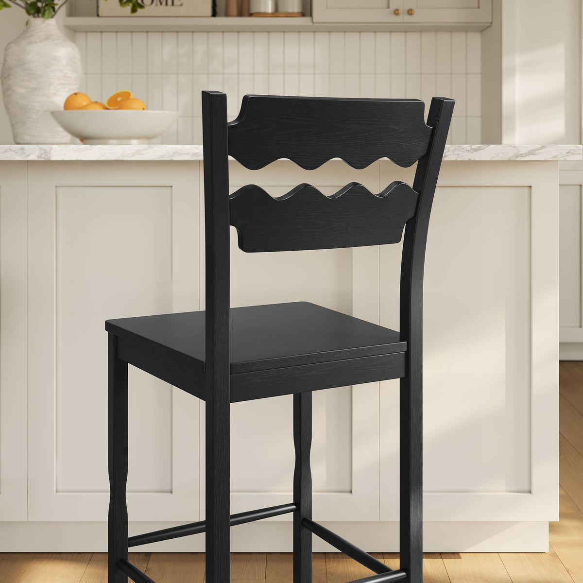 Jax Black Oak Wood Bar Stool With Wavy Razor Back - Ornate Home