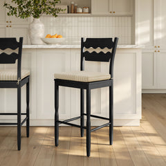 Jax Black/Oatmeal Stripe Oak Wood Bar Stool With Wavy Razor Back and Cushion - Ornate Home