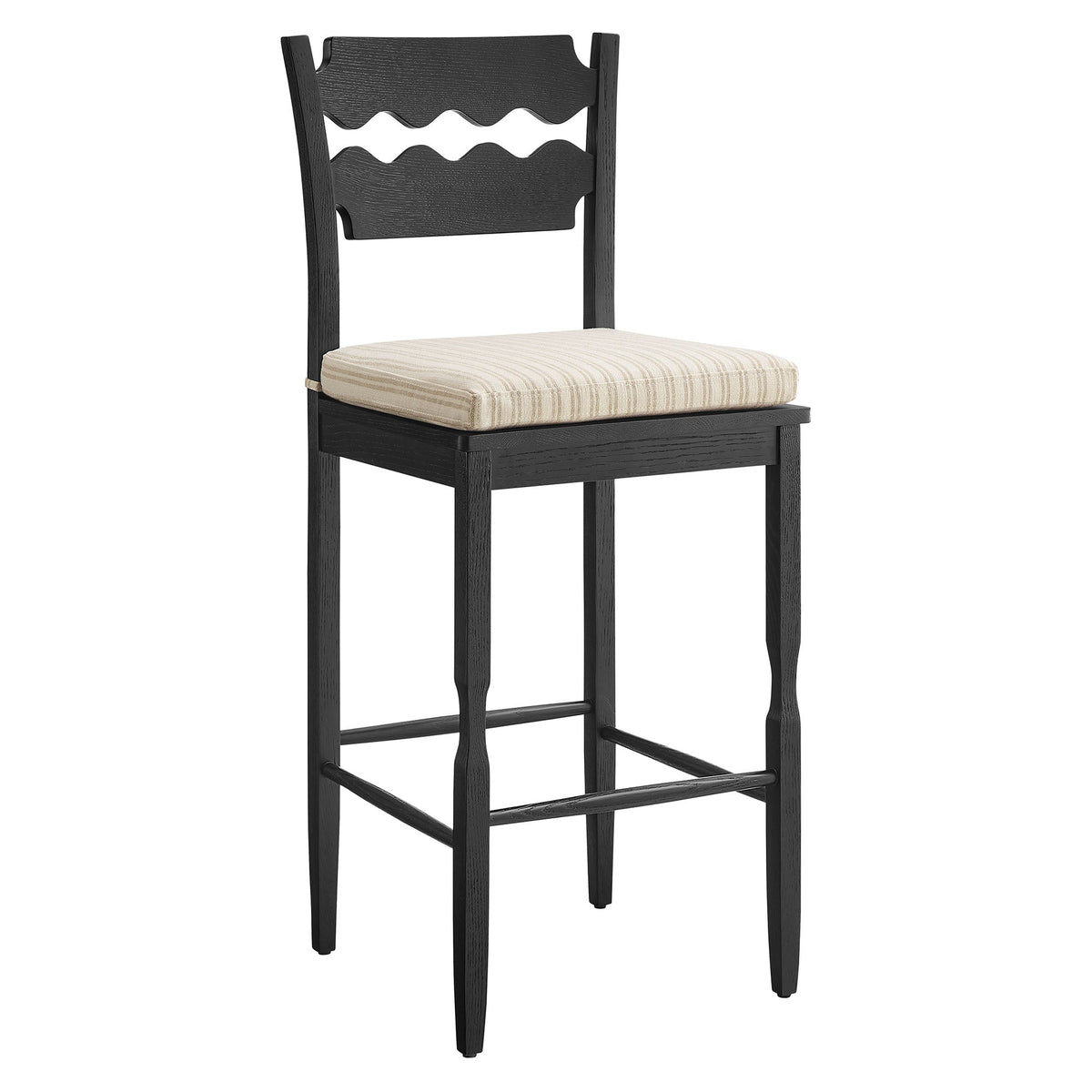 Jax Black/Oatmeal Stripe Oak Wood Bar Stool With Wavy Razor Back and Cushion - Ornate Home