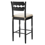 Jax Black/Oatmeal Stripe Oak Wood Bar Stool With Wavy Razor Back and Cushion - Ornate Home