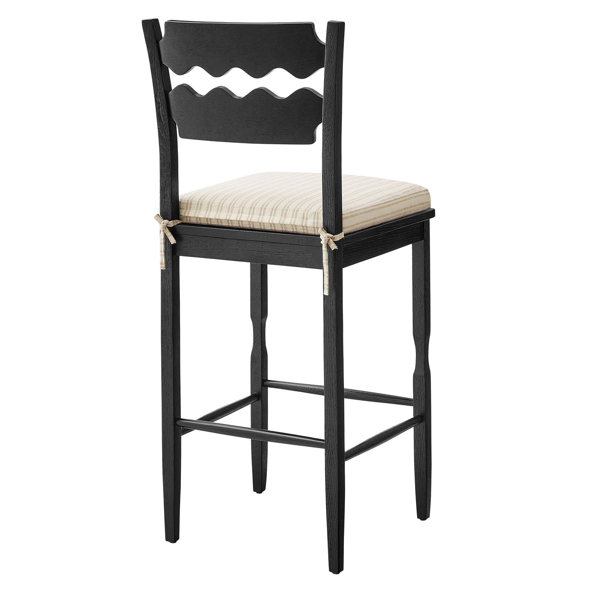 Jax Black/Oatmeal Stripe Oak Wood Bar Stool With Wavy Razor Back and Cushion - Ornate Home