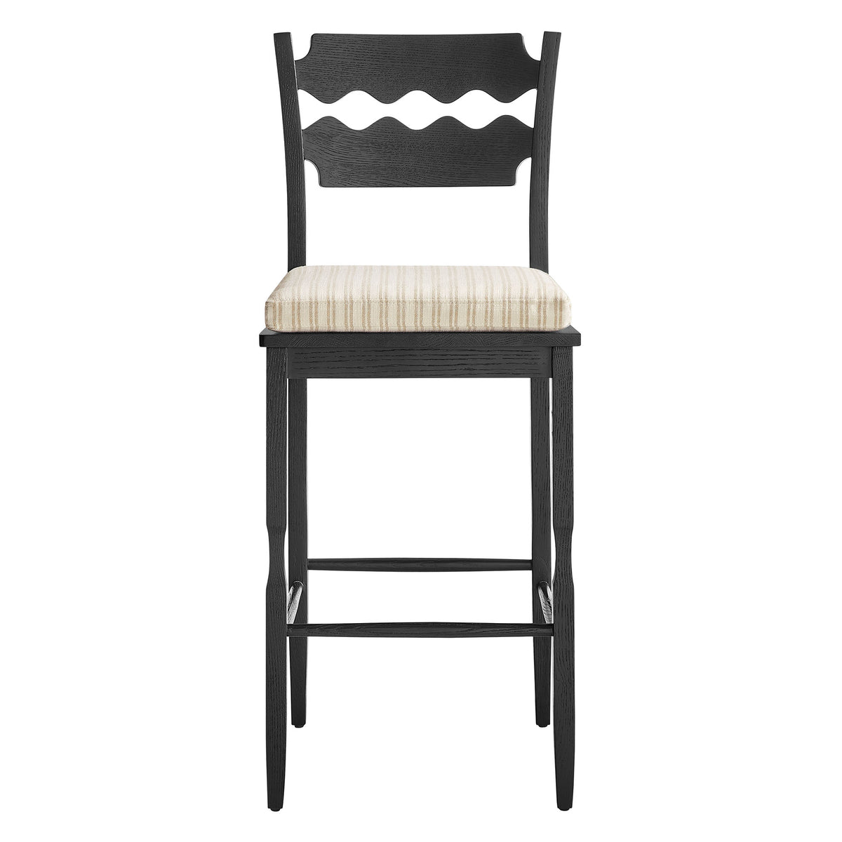 Jax Black/Oatmeal Stripe Oak Wood Bar Stool With Wavy Razor Back and Cushion - Ornate Home