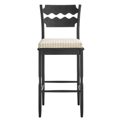 Jax Black/Oatmeal Stripe Oak Wood Bar Stool With Wavy Razor Back and Cushion - Ornate Home