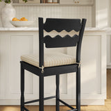 Jax Black/Oatmeal Stripe Oak Wood Bar Stool With Wavy Razor Back and Cushion - Ornate Home