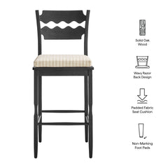 Jax Black/Oatmeal Stripe Oak Wood Bar Stool With Wavy Razor Back and Cushion - Ornate Home