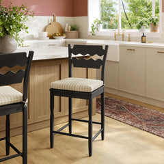 Jax Black/Oatmeal Stripe Oak Wood Counter Stool With Wavy Razor Back and Cushion - Ornate Home