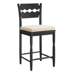 Jax Black/Oatmeal Stripe Oak Wood Counter Stool With Wavy Razor Back and Cushion - Ornate Home