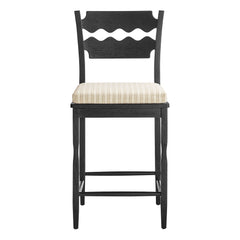 Jax Black/Oatmeal Stripe Oak Wood Counter Stool With Wavy Razor Back and Cushion - Ornate Home