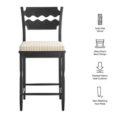 Jax Black/Oatmeal Stripe Oak Wood Counter Stool With Wavy Razor Back and Cushion - Ornate Home