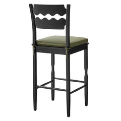 Jax Black/Sage Oak Wood Bar Stool With Wavy Razor Back and Cushion - Ornate Home
