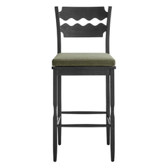 Jax Black/Sage Oak Wood Bar Stool With Wavy Razor Back and Cushion - Ornate Home