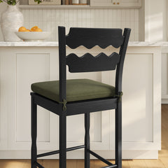 Jax Black/Sage Oak Wood Bar Stool With Wavy Razor Back and Cushion - Ornate Home