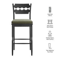 Jax Black/Sage Oak Wood Bar Stool With Wavy Razor Back and Cushion - Ornate Home
