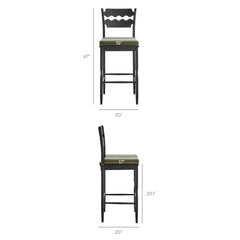 Jax Black/Sage Oak Wood Bar Stool With Wavy Razor Back and Cushion - Ornate Home