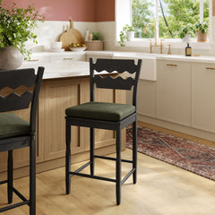 Jax Black/Sage Oak Wood Counter Stool With Wavy Razor Back and Cushion - Ornate Home