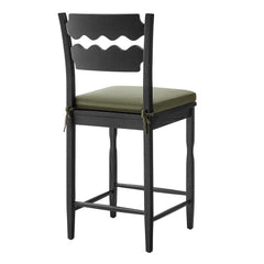Jax Black/Sage Oak Wood Counter Stool With Wavy Razor Back and Cushion - Ornate Home