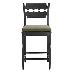 Jax Black/Sage Oak Wood Counter Stool With Wavy Razor Back and Cushion - Ornate Home