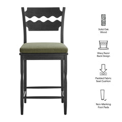 Jax Black/Sage Oak Wood Counter Stool With Wavy Razor Back and Cushion - Ornate Home