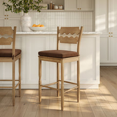 Jax Weathered Oak/Cocoa Oak Wood Bar Stool With Wavy Razor Back and Cushion - Ornate Home