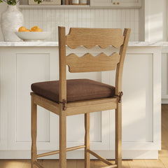 Jax Weathered Oak/Cocoa Oak Wood Bar Stool With Wavy Razor Back and Cushion - Ornate Home