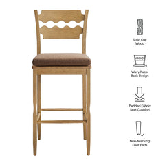 Jax Weathered Oak/Cocoa Oak Wood Bar Stool With Wavy Razor Back and Cushion - Ornate Home