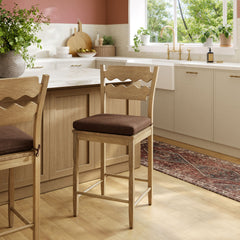 Jax Weathered Oak/Cocoa Oak Wood Counter Stool With Wavy Razor Back and Cushion - Ornate Home