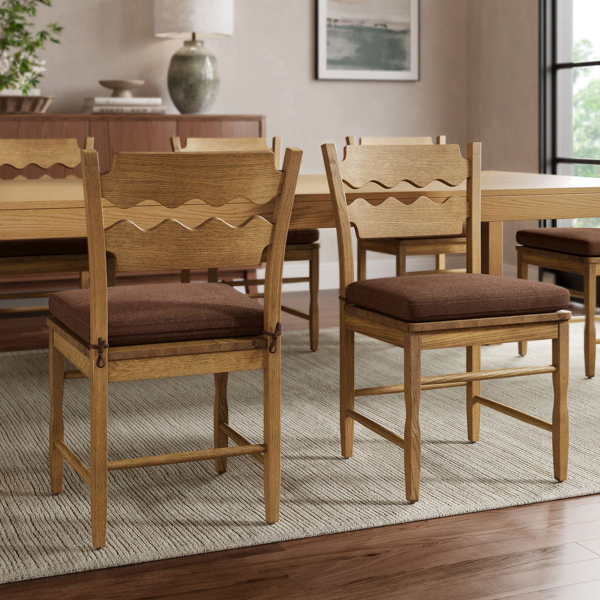 Jax Weathered Oak/Cocoa Oak Wood Dining Chair With Wavy Razor Back and Cushion (Set of 2) - Ornate Home