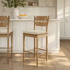 Jax Weathered Oak/Linen Oak Wood Bar Stool With Wavy Razor Back and Cushion - Ornate Home