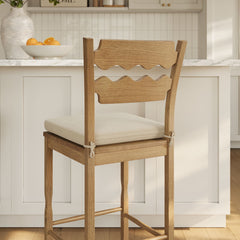 Jax Weathered Oak/Linen Oak Wood Bar Stool With Wavy Razor Back and Cushion - Ornate Home