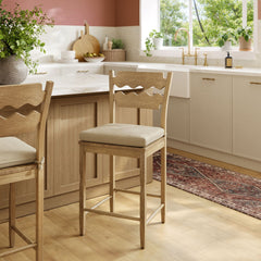 Jax Weathered Oak/Linen Oak Wood Counter Stool With Wavy Razor Back and Cushion - Ornate Home