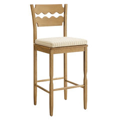 Jax Weathered Oak/Oatmeal Stripe Oak Wood Bar Stool With Wavy Razor Back and Cushion - Ornate Home