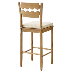 Jax Weathered Oak/Oatmeal Stripe Oak Wood Bar Stool With Wavy Razor Back and Cushion - Ornate Home
