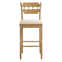 Jax Weathered Oak/Oatmeal Stripe Oak Wood Bar Stool With Wavy Razor Back and Cushion - Ornate Home