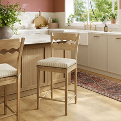 Jax Weathered Oak/Oatmeal Stripe Oak Wood Counter Stool With Wavy Razor Back and Cushion - Ornate Home