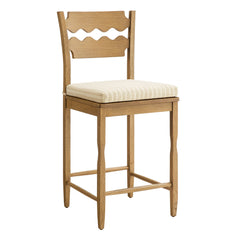 Jax Weathered Oak/Oatmeal Stripe Oak Wood Counter Stool With Wavy Razor Back and Cushion - Ornate Home