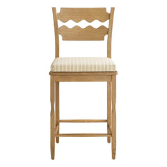 Jax Weathered Oak/Oatmeal Stripe Oak Wood Counter Stool With Wavy Razor Back and Cushion - Ornate Home