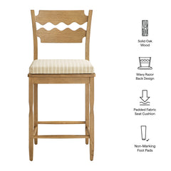 Jax Weathered Oak/Oatmeal Stripe Oak Wood Counter Stool With Wavy Razor Back and Cushion - Ornate Home