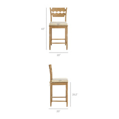 Jax Weathered Oak/Oatmeal Stripe Oak Wood Counter Stool With Wavy Razor Back and Cushion - Ornate Home