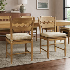 Jax Weathered Oak/Oatmeal Stripe Oak Wood Dining Chair With Wavy Razor Back and Cushion (Set of 2) - Ornate Home
