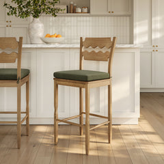 Jax Weathered Oak/Sage Oak Wood Bar Stool With Wavy Razor Back and Cushion - Ornate Home