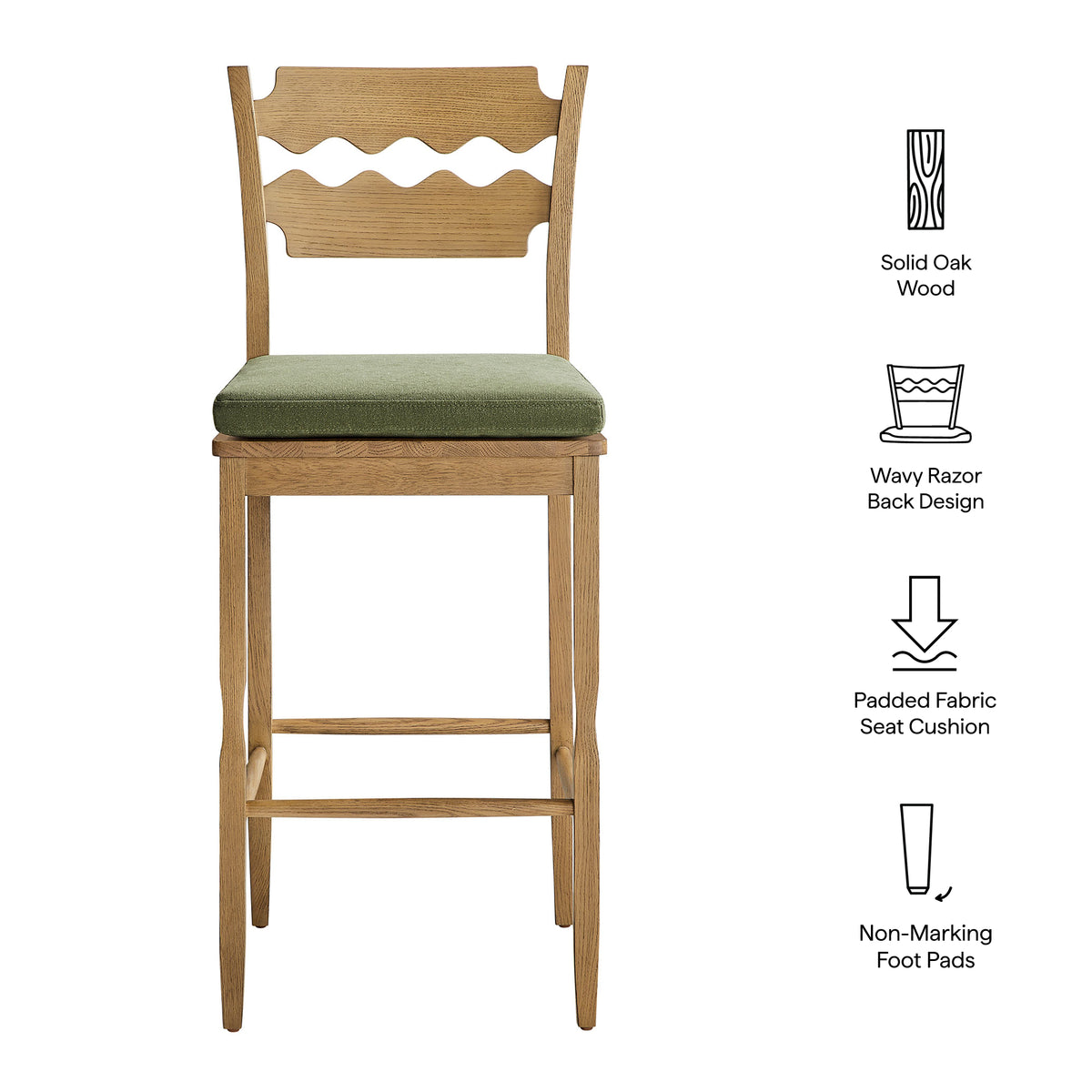 Jax Weathered Oak/Sage Oak Wood Bar Stool With Wavy Razor Back and Cushion - Ornate Home