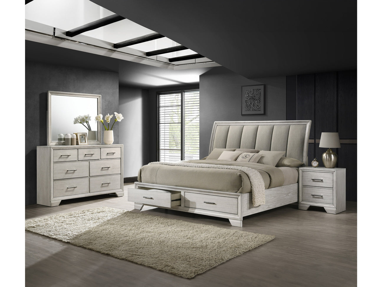 Jaymes White Mist Sleigh Storage Platform Bedroom Set - Ornate Home
