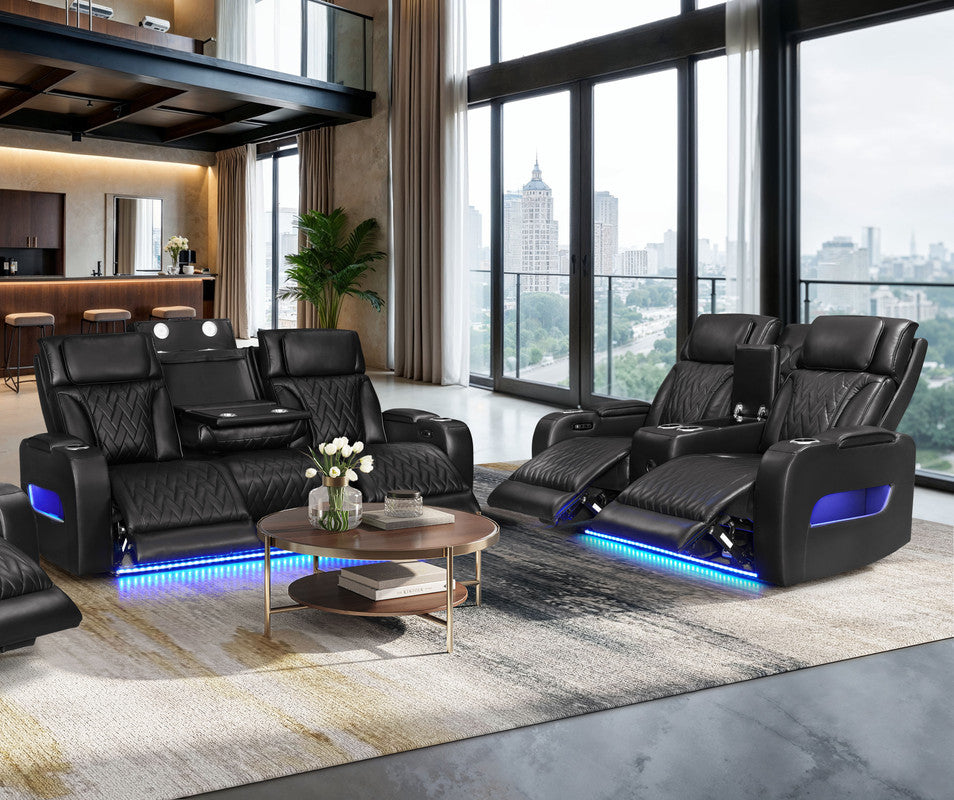 Jazz Black Leather Aire Power Reclining Sofa & Loveseat Set - Ornate Home