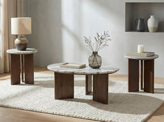 Jenna Brown 3-piece Round Marble Top Coffee Table Set - Ornate Home